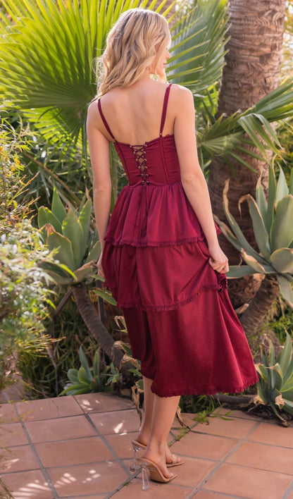 OKBBN's sweet and sexy V-neck corset skirt with knee length slit and ruffle edge layered back to school dress