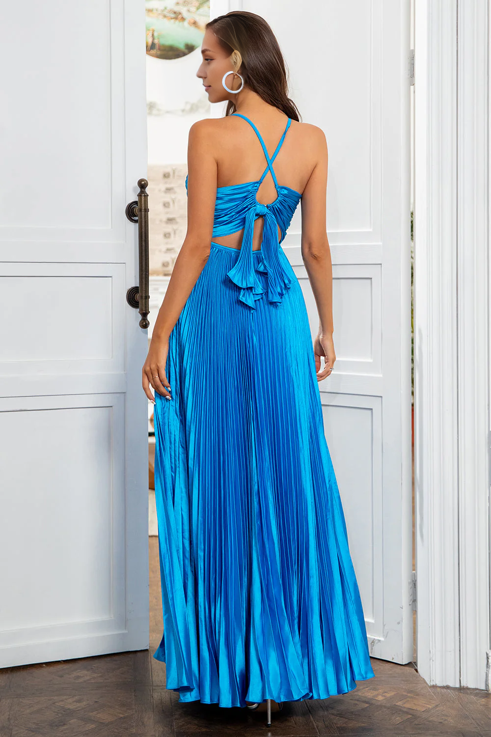OKBBN A-line thin shoulder strap pleated long ball gown