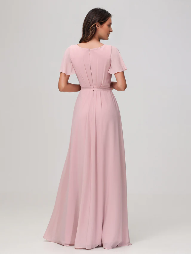 OKBBN pleated chiffon bridesmaid dress with flowing sleeves