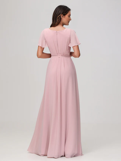 OKBBN pleated chiffon bridesmaid dress with flowing sleeves