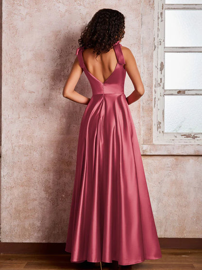 OKBBN V-neck and shoulder bow satin bridesmaid dress