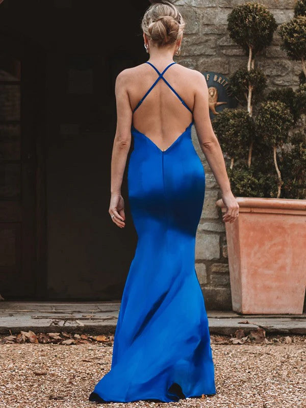OKBBN tight fitting straight tube elastic woven silk satin pleated sleeveless V-neck ball dress