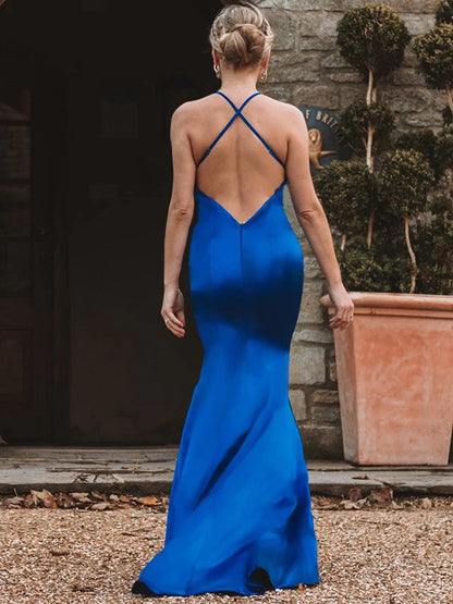 OKBBN tight fitting straight tube elastic woven silk satin pleated sleeveless V-neck ball dress