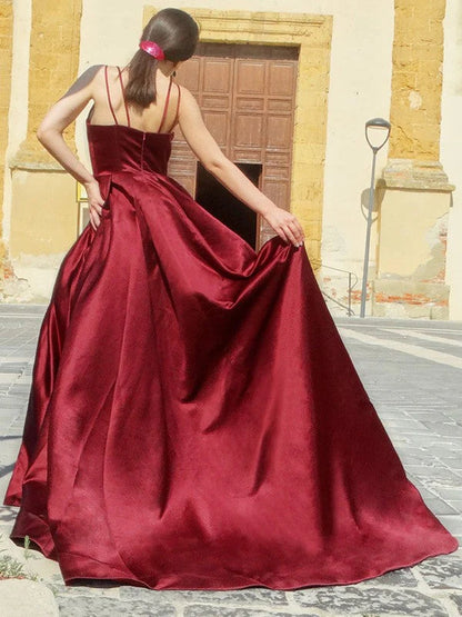 OKBBN A-line Elegant Satin Strap Sleeveless Ruffle Ball Dress