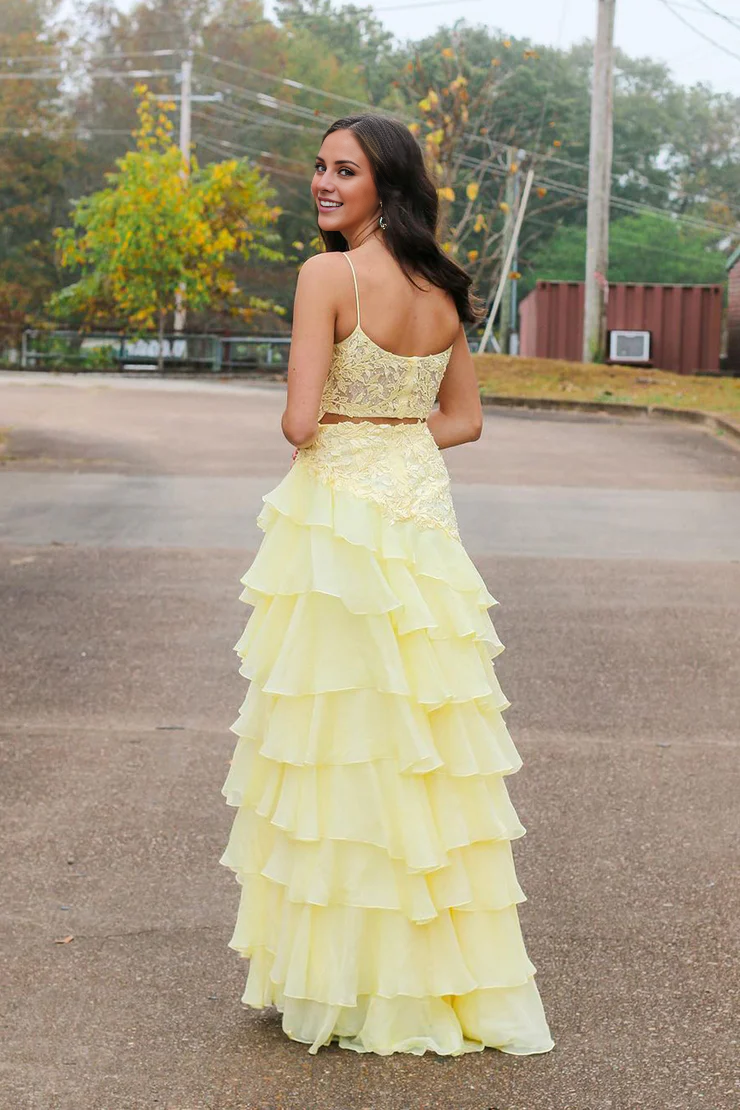 OKBBN Cute A-line Round Neck Layered Chiffon Long Split Ball Dress