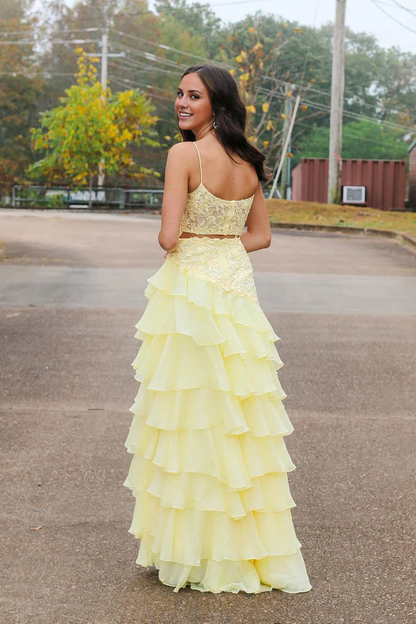 OKBBN Cute A-line Round Neck Layered Chiffon Long Split Ball Dress