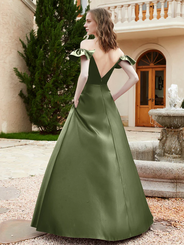 OKBBN Elegant Off Shoulder Satin Bridesmaid Dress