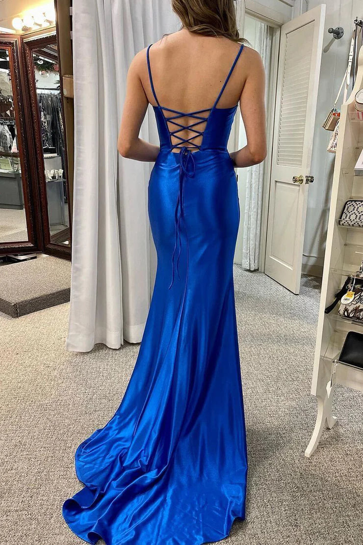 OKBBN Simple Mermaid Round Neck Satin Long Split Ball Dress