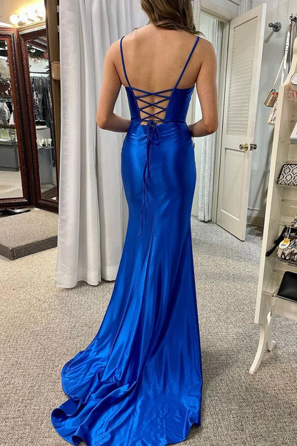 OKBBN Simple Mermaid Round Neck Satin Long Split Ball Dress