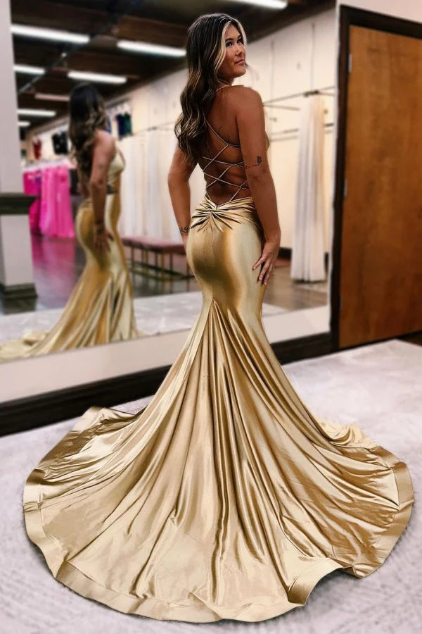 OKBBN Elegant Long Mermaid V-neck Bareback Ball Dress