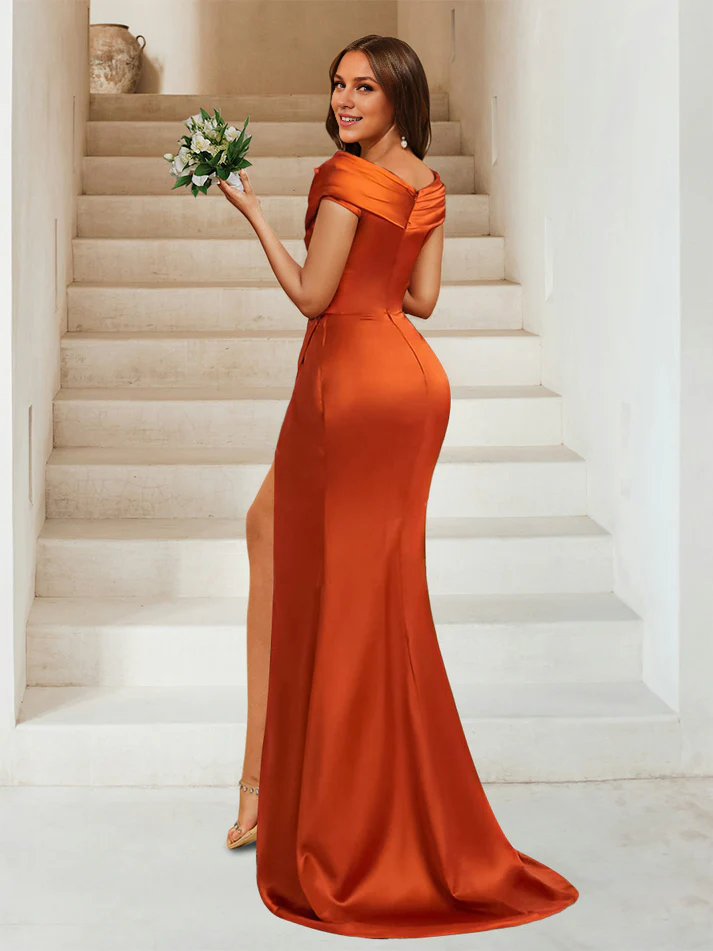 OKBBN A-line princess round neck and floor slit evening gown