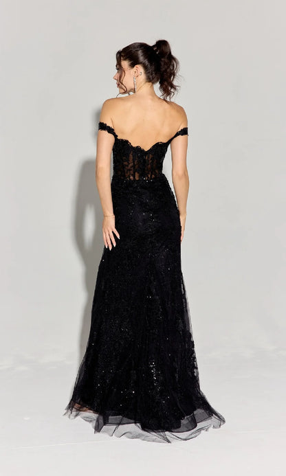 OKBBN Off Shoulder Long Floral Lace Embroidered Ball Dress