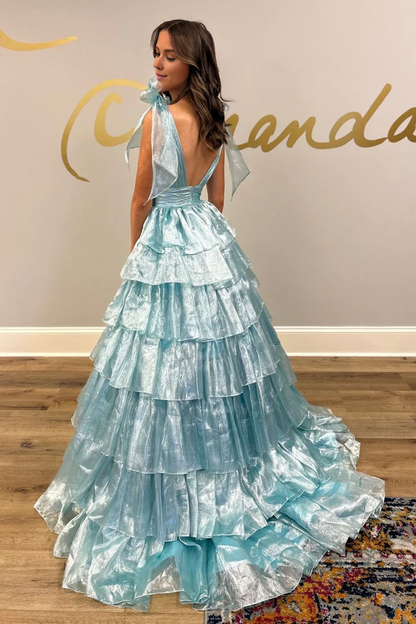 OKBBN charming A-line V-neck ruffled layered ball gown