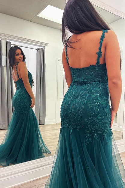 OKBBN mermaid V-neck applique chiffon long ball dress