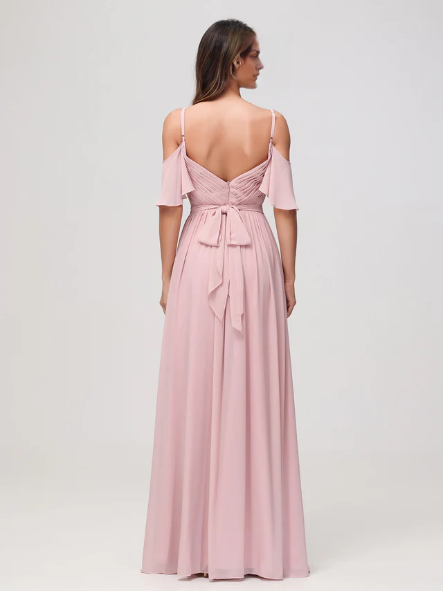 OKBBN off shoulder A-line pleated chiffon shorts bridesmaid dress