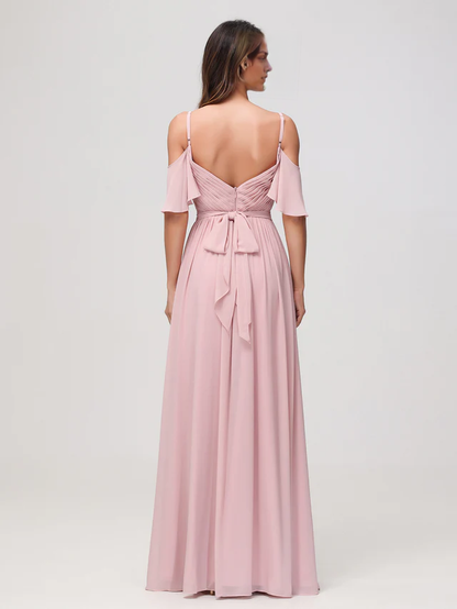 OKBBN off shoulder A-line pleated chiffon shorts bridesmaid dress