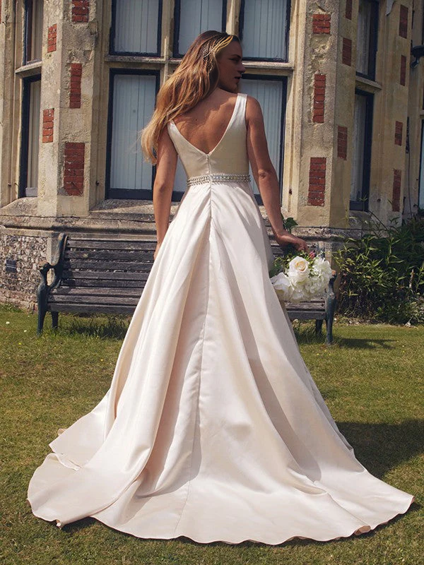 OKBBN A-line Elegant Satin Bead V-neck Sleeveless Ball Dress
