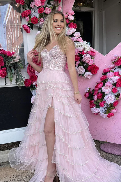 OKBBN Cute A-Shape Sweetheart Chiffon Split Long Ball Dress