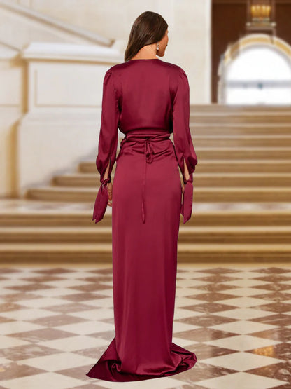 OKBBN tight straight cross V-neck long sleeved pleated wrap evening gown
