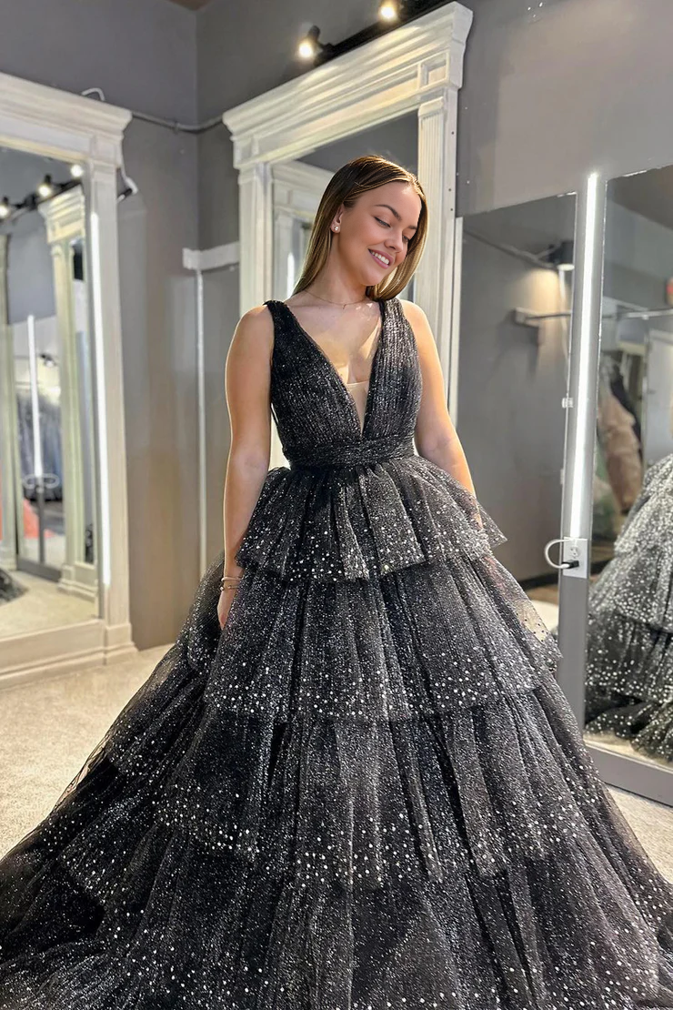 OKBBN Shiny A-line V-neck Ruffle Layered Long Ball Dress
