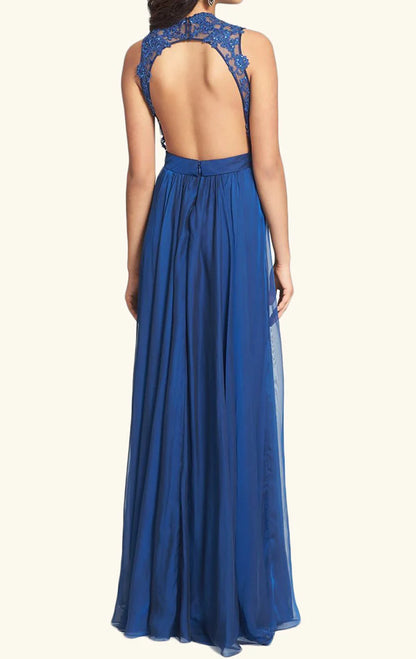 OKBBN Elegant Strap V-neck Lace Chiffon Long Ball Dress
