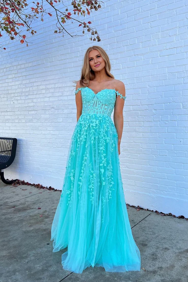 OKBBN charming A-line off shoulder chiffon applique dance dress