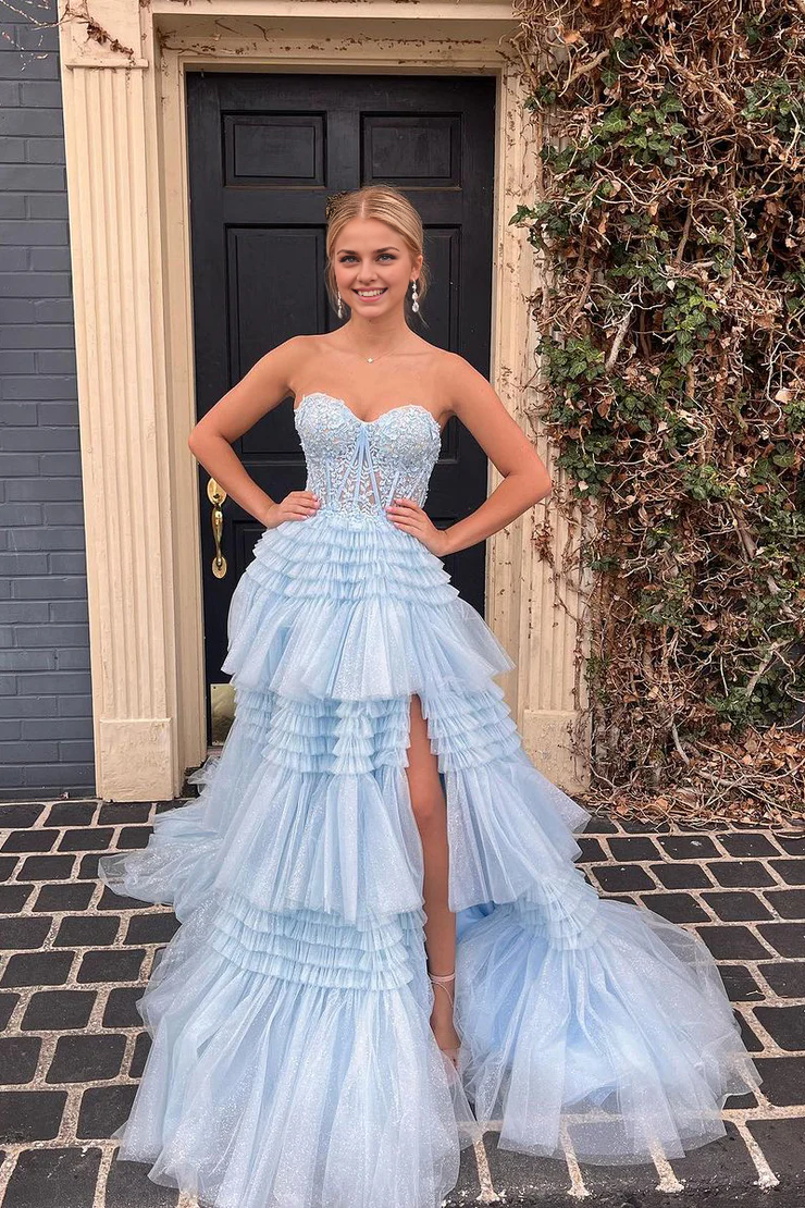 OKBBN Cute A-line Off Shoulder Ruffle Layered Chiffon Long Ball Dress