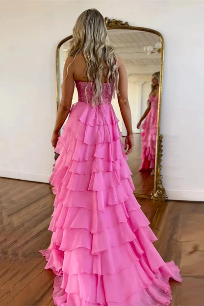 OKBBN A-line off shoulder ruffle layered chiffon long ball gown