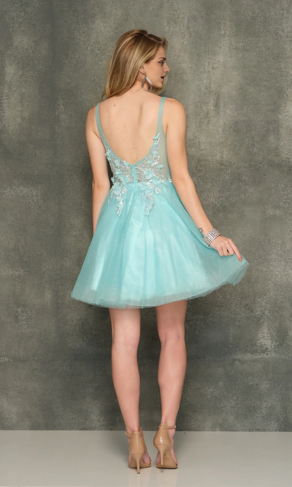 OKBBN see through tight corset deep V floral chiffon A-line Homecoming Dresses
