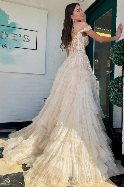 OKBBN A-line off shoulder layered chiffon long ball gown