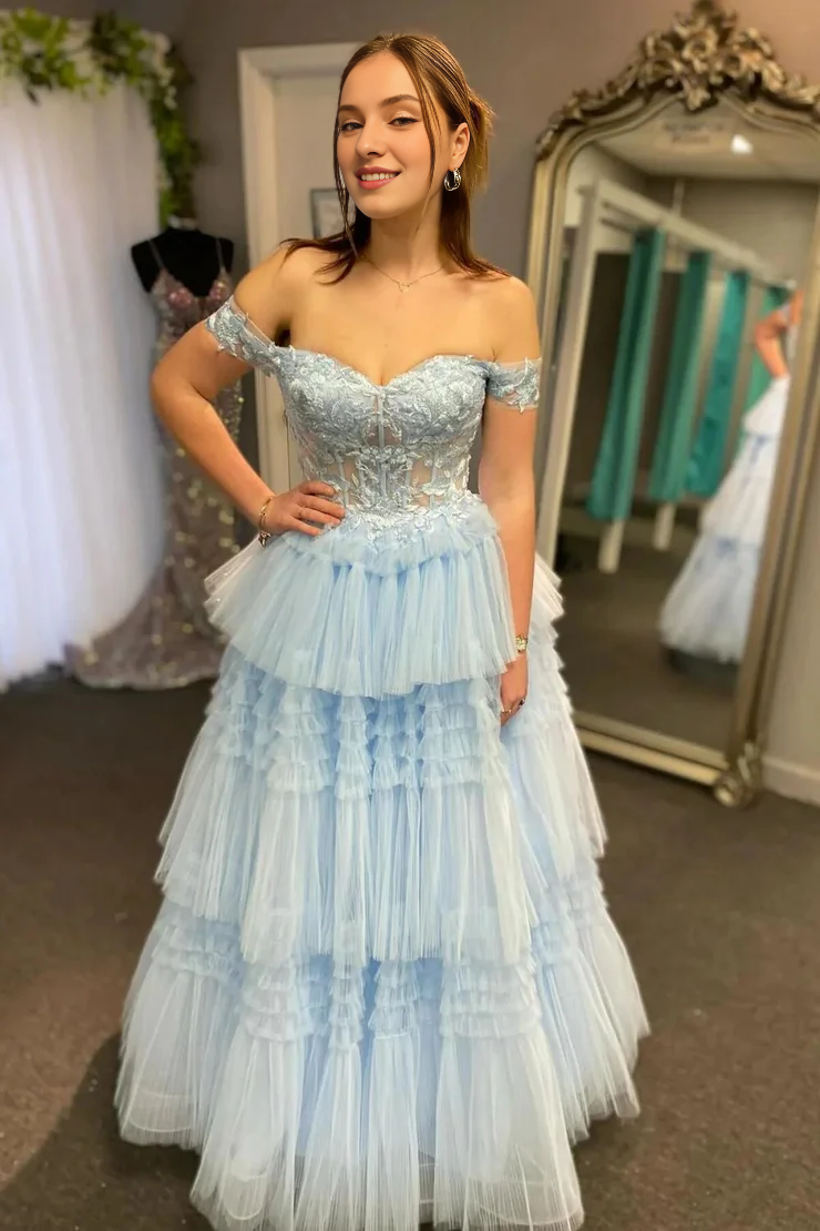 OKBBN stunning A-line off shoulder tight corset ball dress