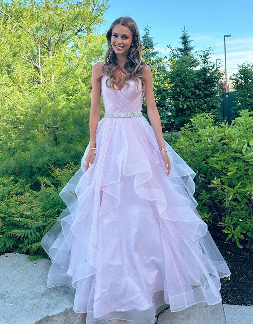 OKBBN A-line V-neck ruffled chiffon ball gown
