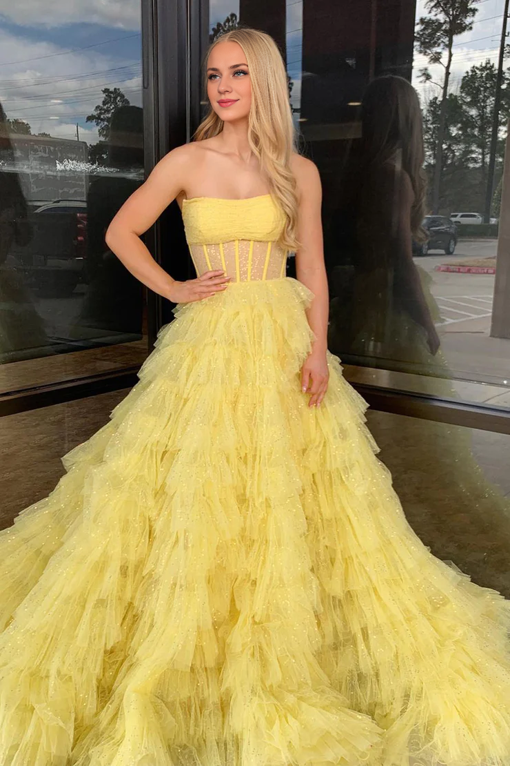OKBBN A-line off shoulder sequin sheer long ball gown