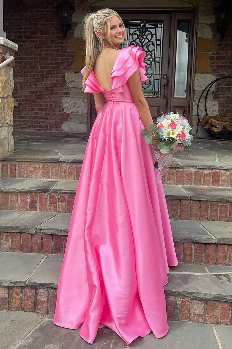 OKBBN A-line ruffled satin long ball gown