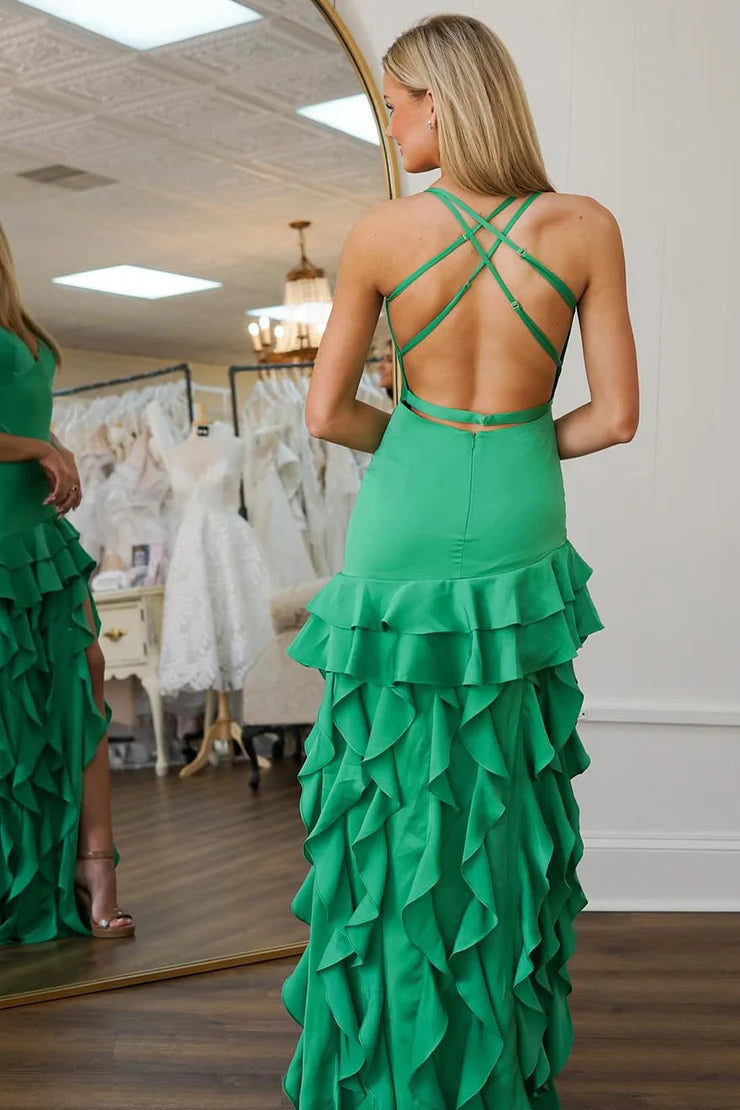 OKBBN Cute Mermaid V-neck Satin Ruffle Split Ball Dress