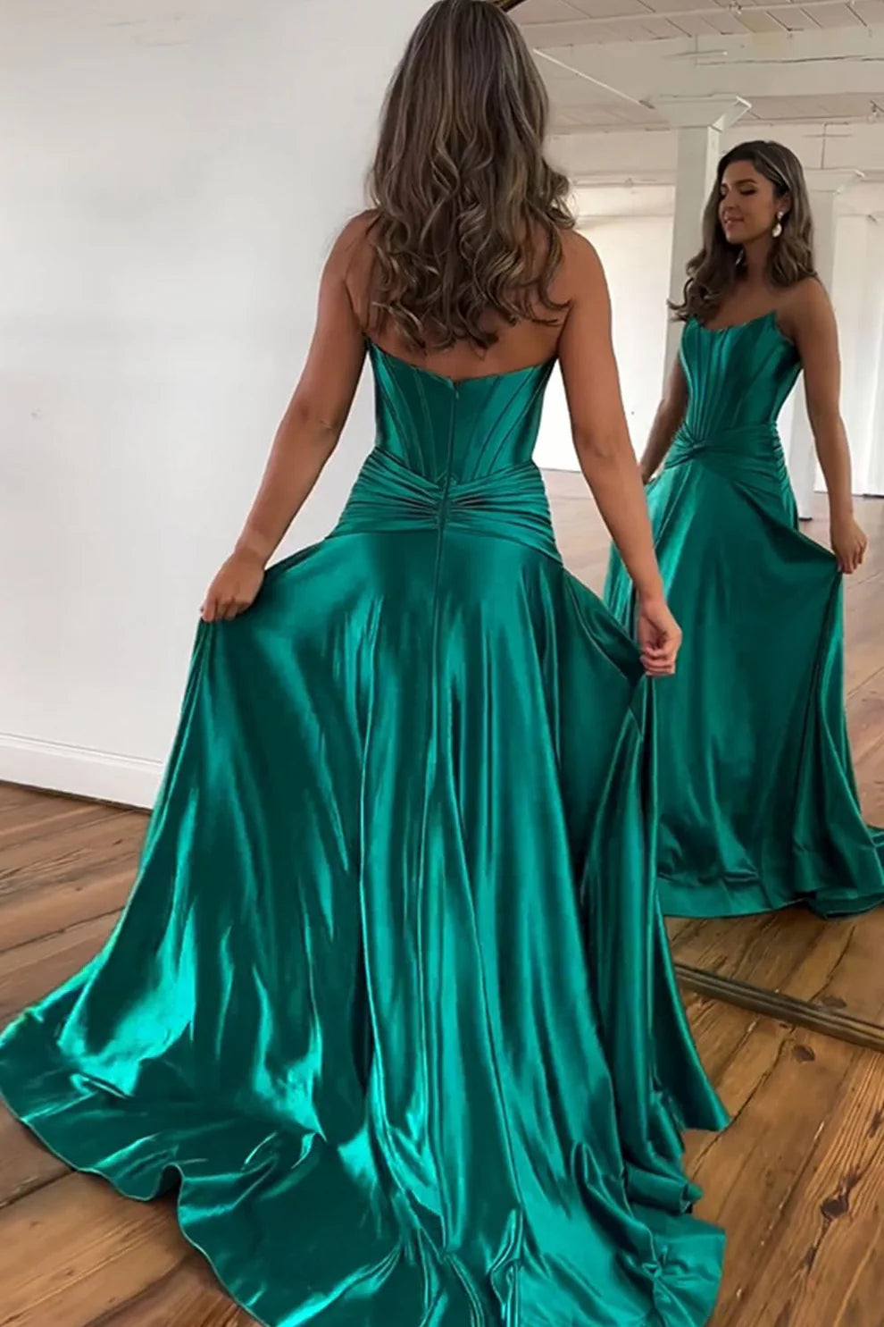 OKBBN A-line off shoulder long satin slit dance dress