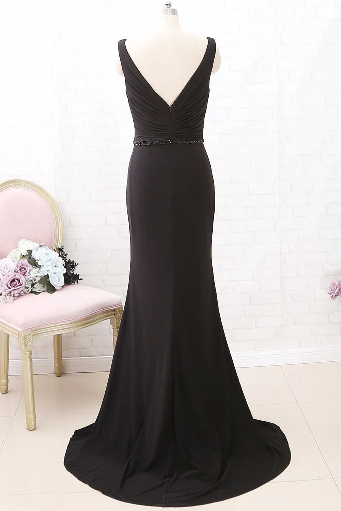 OKBBN Strap V-neck Mermaid Extra Long Plain Knitted Formal Ball Dress
