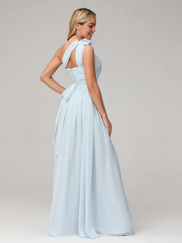 OKBBN Single Shoulder Pocket Chiffon Bridesmaid Dress