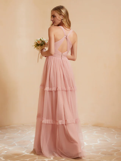 OKBBN V-neck pleated ruffle and ground chiffon bridesmaid dress