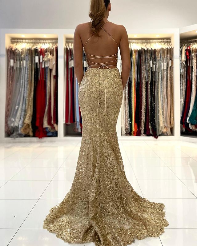 OKBBN Charming Strap Lace Mermaid Sleeveless Long Ball Dress