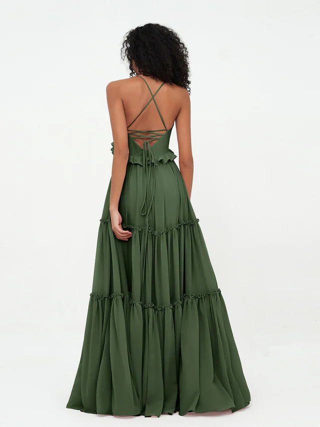 OKBBN chiffon thin shoulder strap layered sleeveless bridesmaid dress