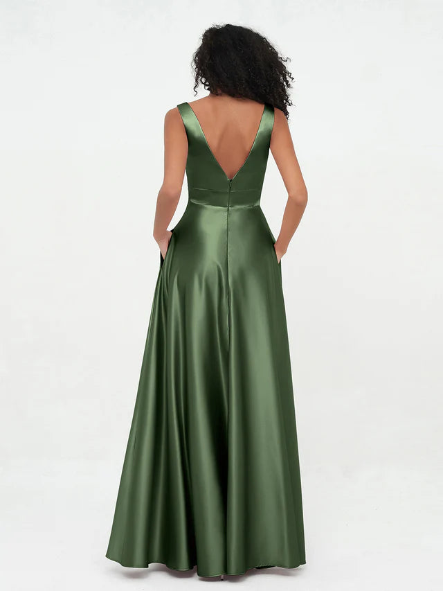 OKBBN Princess V-neck satin pocket bridesmaid dress