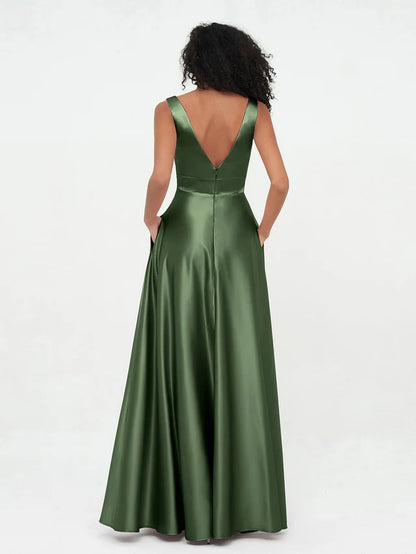 OKBBN Princess V-neck satin pocket bridesmaid dress