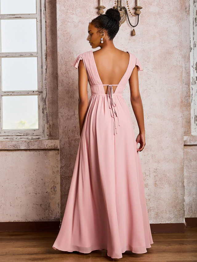 OKBBN deep V-neck pleated A-line bridesmaid dress with floating sleeves