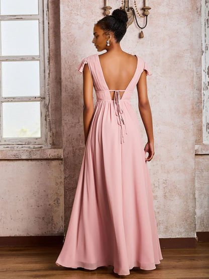 OKBBN deep V-neck pleated A-line bridesmaid dress with floating sleeves