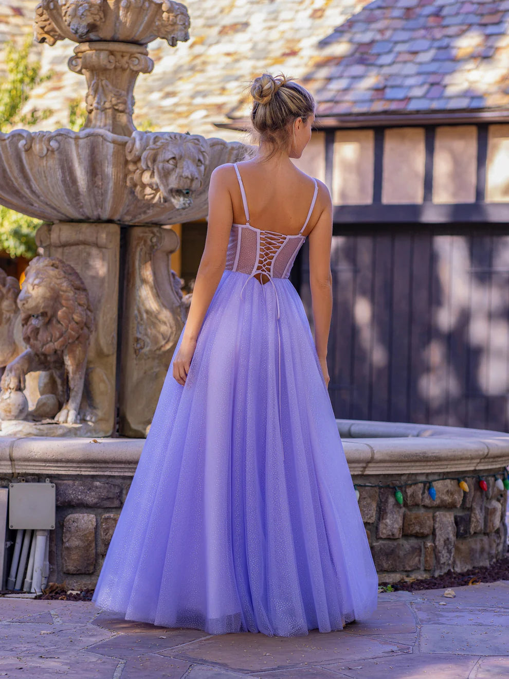 OKBBN thin shoulder strap tight corset and chiffon ball gown