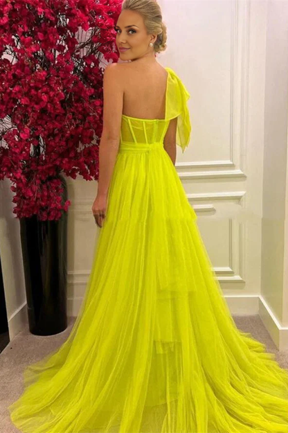OKBBN stunning one shoulder chiffon long A-line slit dance dress