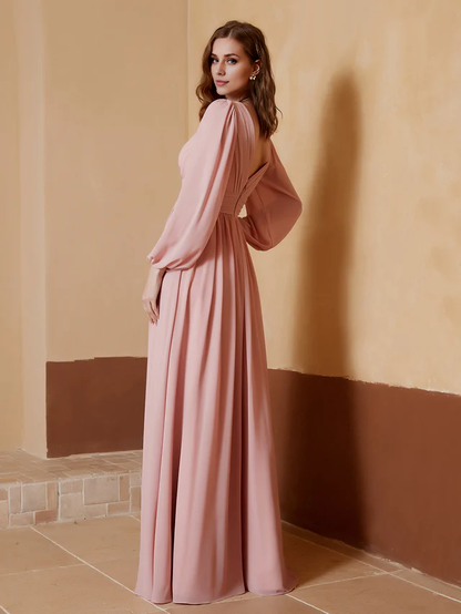 OKBBN deep V-neck and floor split bridesmaid dress