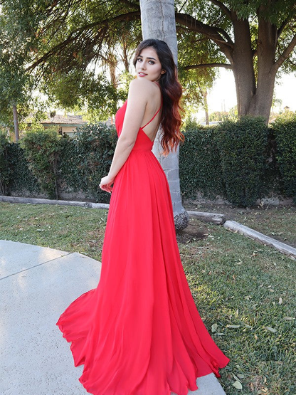 OKBBN A-line elegant chiffon thin shoulder strap ruffle edge sleeveless and floor dance dress