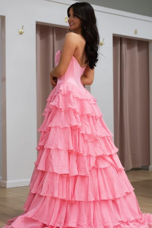 OKBBN Fashion Modern A-line off shoulder sleeveless pleated applique chiffon layered ball dress